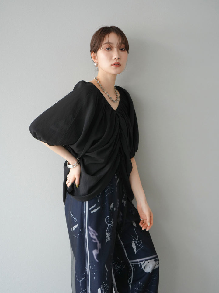 [SET]ボリュームスリーブシアータックブラウス+コード刺繍チュールレイヤードパンツ(2set)