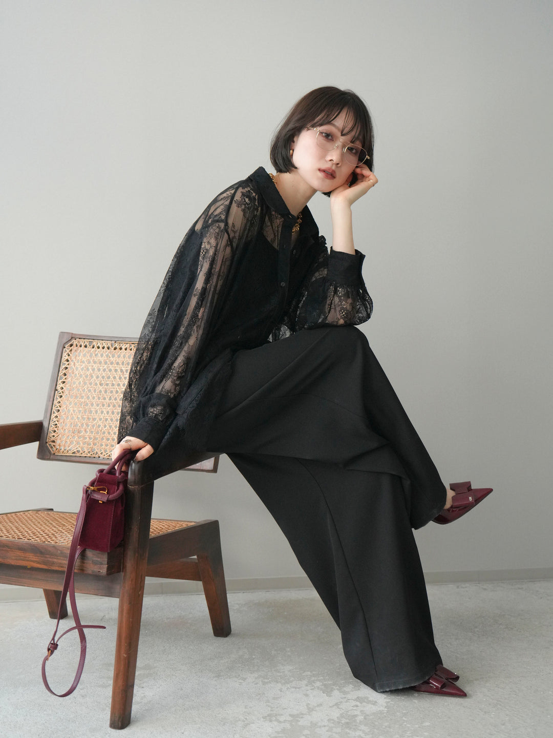 [予約]総レースボリュームスリーブシャツ/black