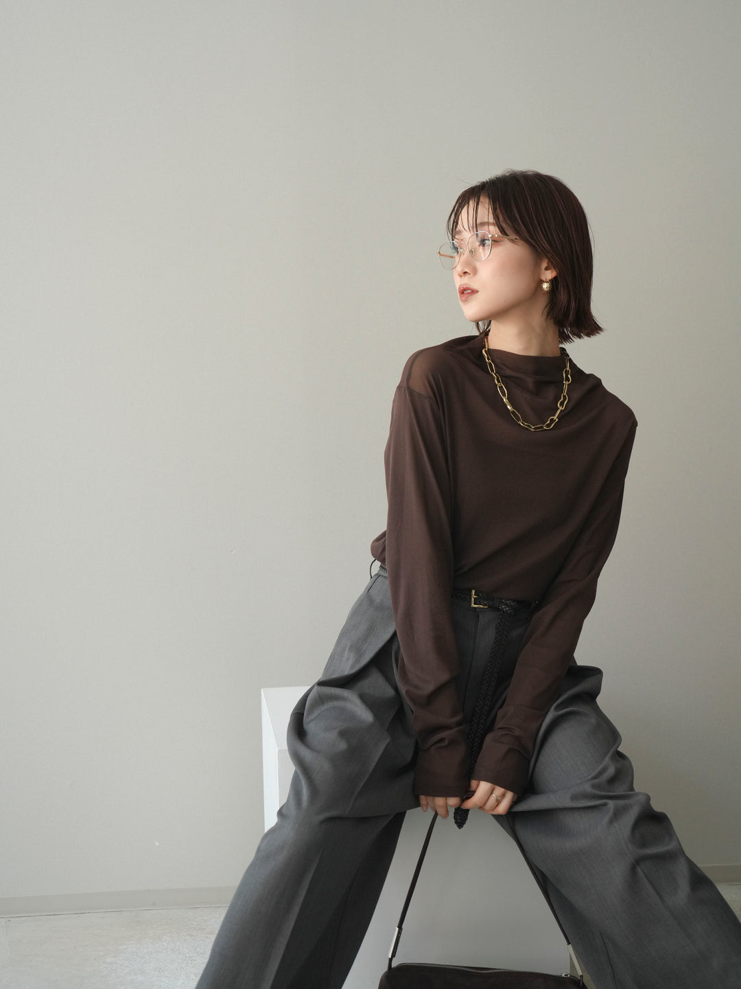 [予約]シアープチネックストレッチトップス/brown