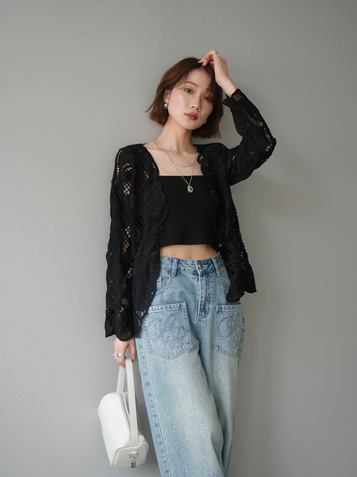 【套裝】3D蕾絲荷葉邊上衣+前口袋串珠闊腿牛仔褲（兩件套）