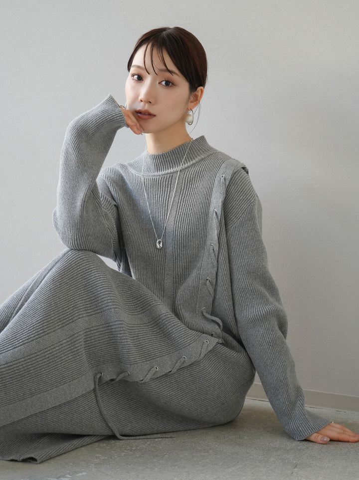 [SET] 不對稱繫帶高領針織連身裙 + 可選飾品套裝 (2套)