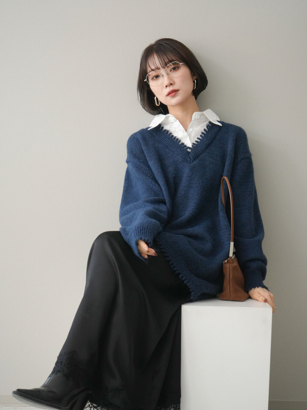 [予約]シャツドッキングVネックフリンジニットプルオーバー/navy
