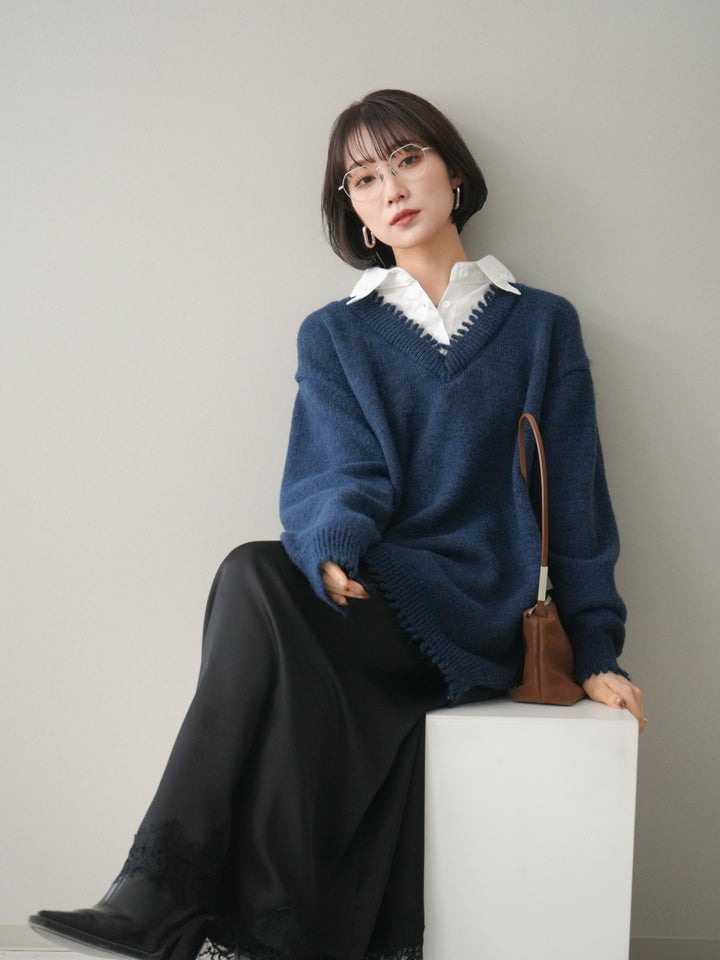 [予約]シャツドッキングVネックフリンジニットプルオーバー/navy