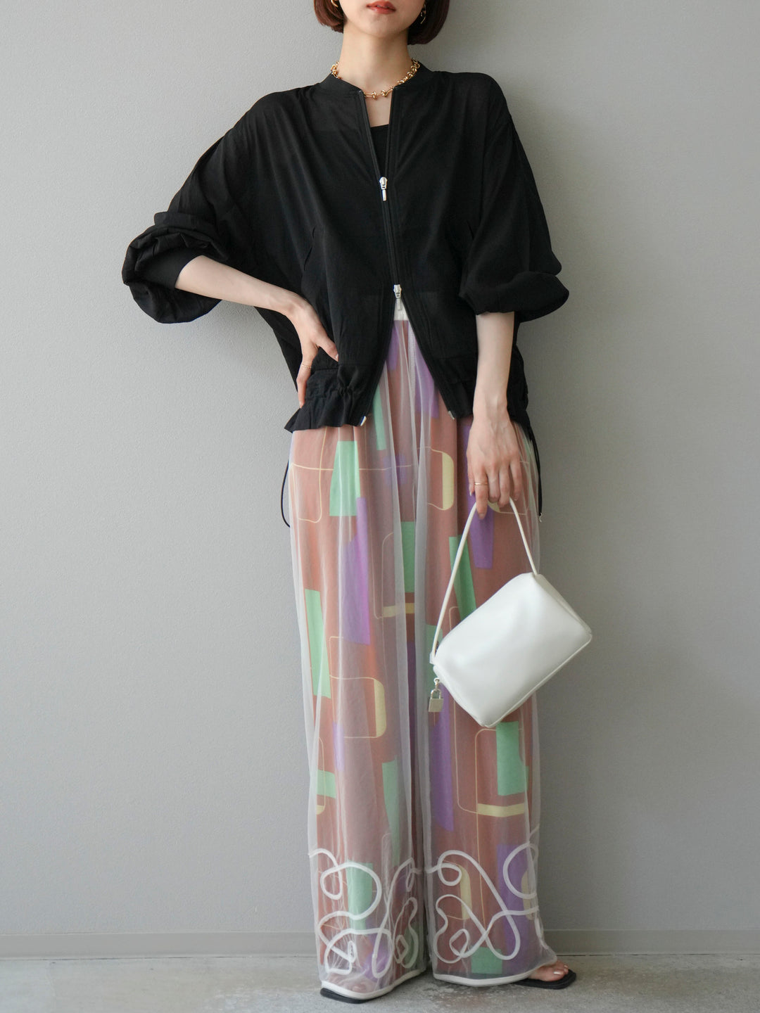 [予約]コード刺繍チュールレイヤードパンツ/オフ