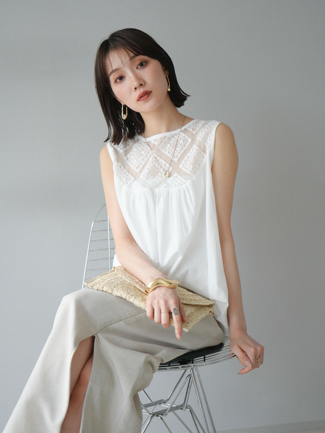 [予約]インド製コットンレース切替ノースリブラウス/オフ
