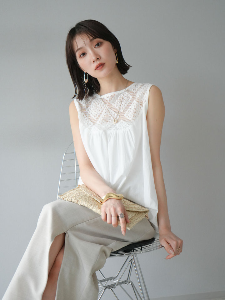 [予約]インド製コットンレース切替ノースリブラウス/オフ