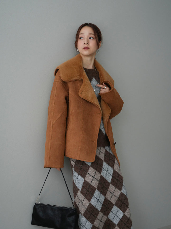 [SET]アーガイルニットプルオーバー&ロングスカートSET UP+ムートンショートジャケット(2set)