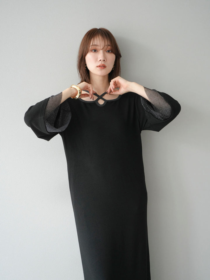 [予約]デザインネックラメシアー切替ニットワンピース/ブラック