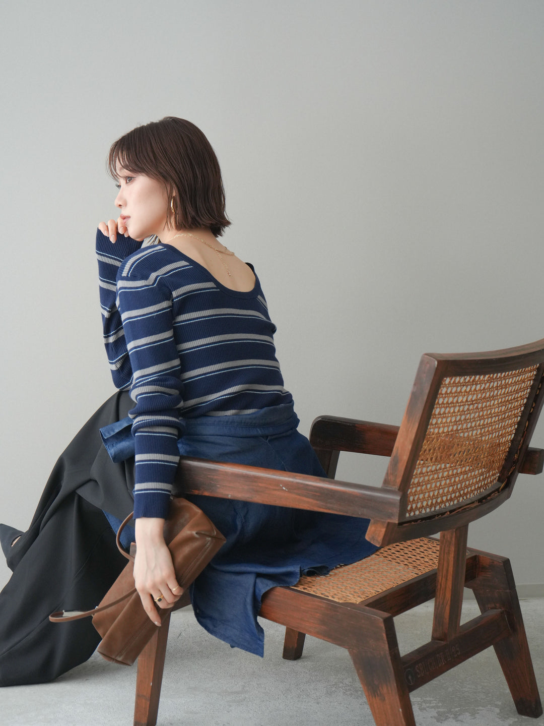 [予約]バックオープンテレコリブマルチボーダートップス/navy