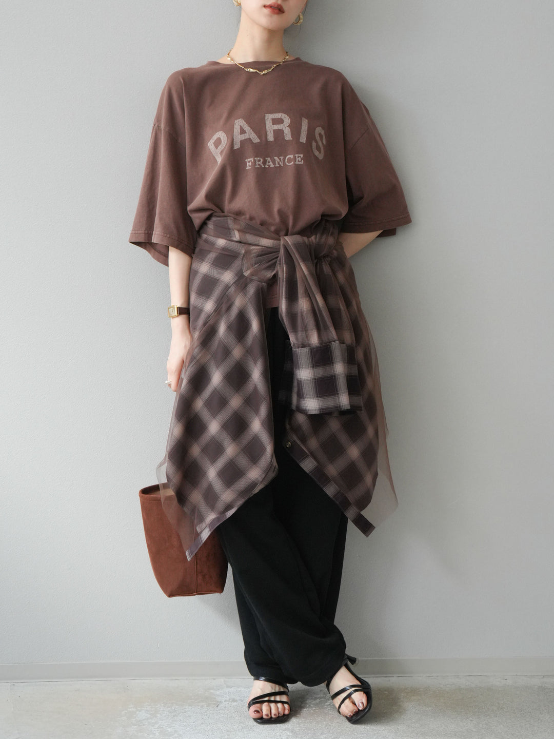 [予約]チュールドッキングチェック柄オーバーサイズシャツ/ブラウン