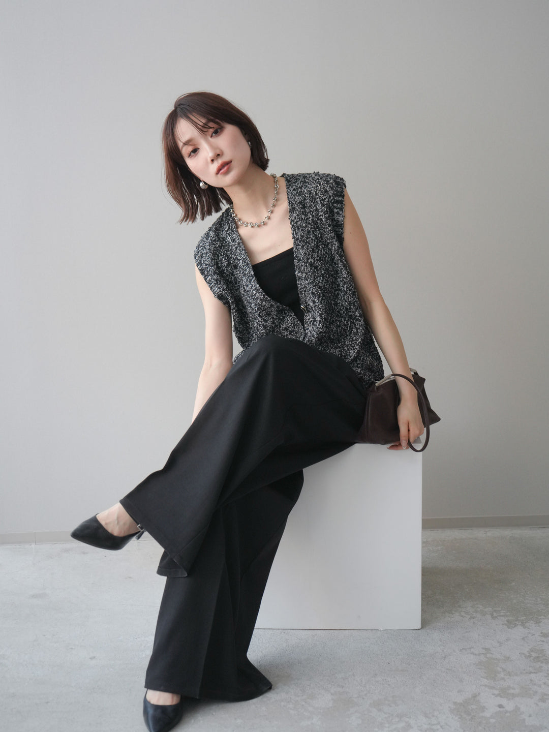[予約]ミックススラブメタルボタンニットベスト/black