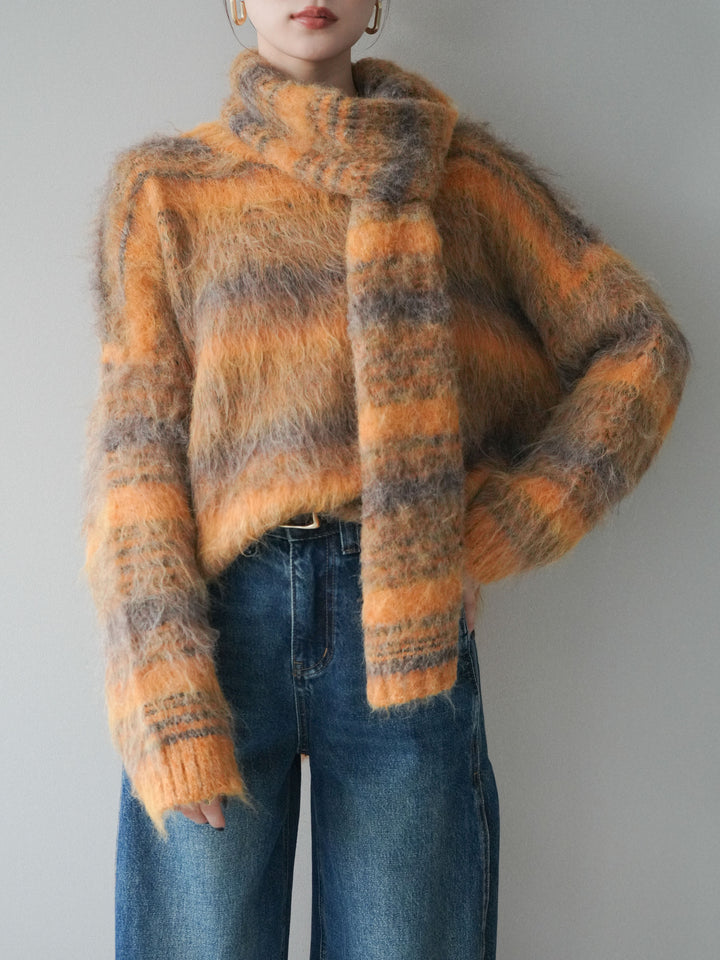 [予約]ストール付シャギーマルチボーダーニットプルオーバー/yellow