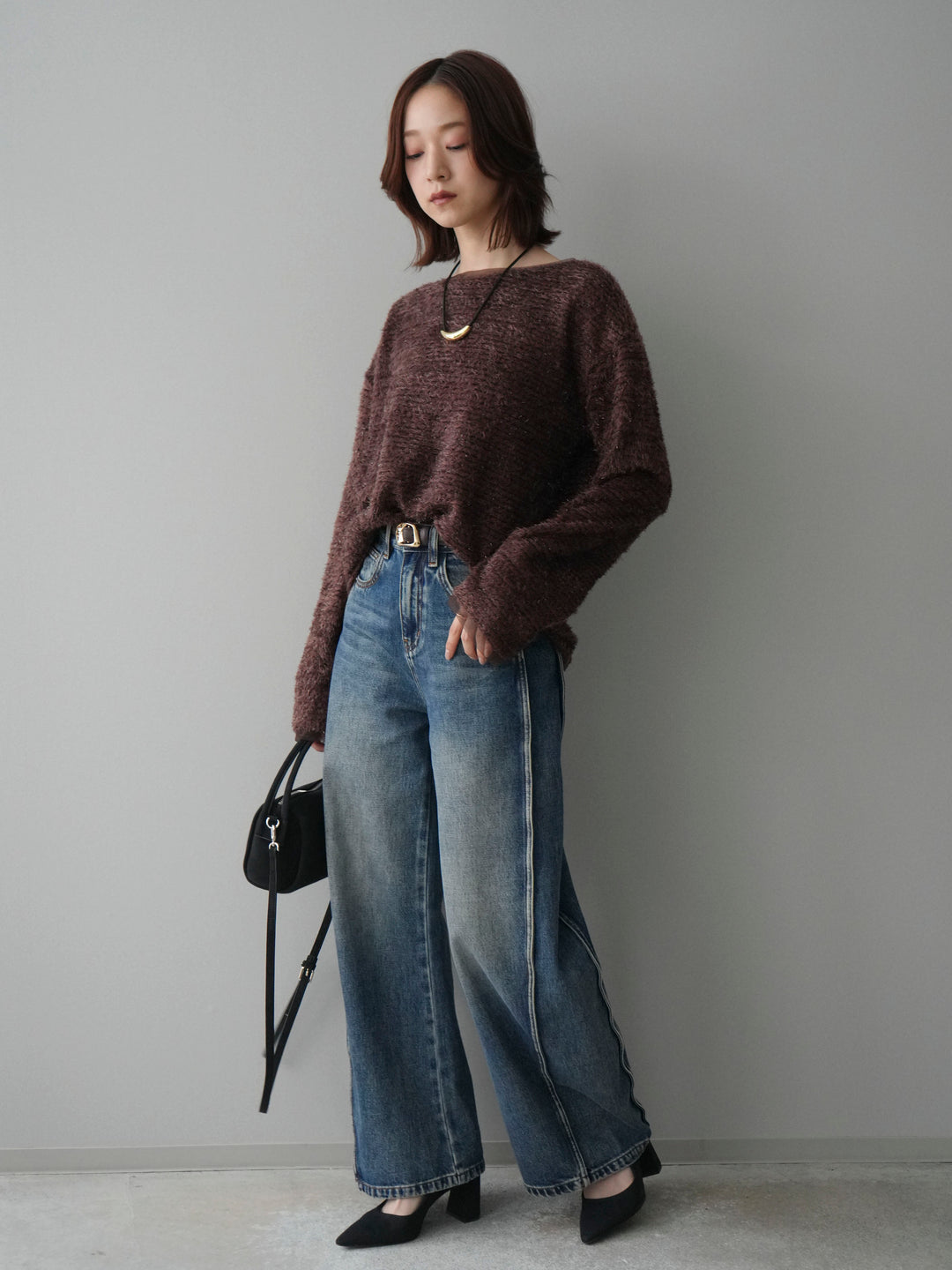 [SET]ラメシャギートップス+サイド切替カーブデニムパンツ(2set)