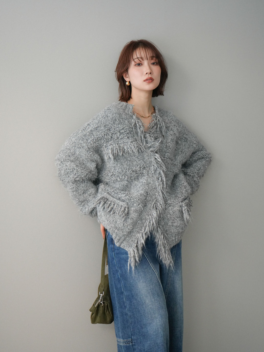 [SET]ミックスヤーンフリンジデザインニットジャケット+裏起毛加工デニムカーブパンツ(2set)