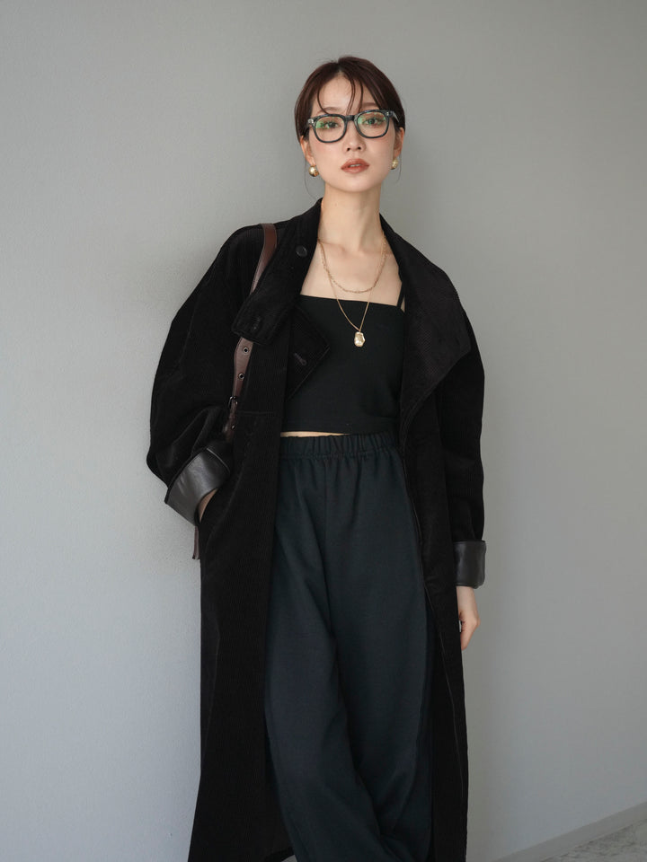 [予約]コーデュロイ折り返しレザーロングコート/brown