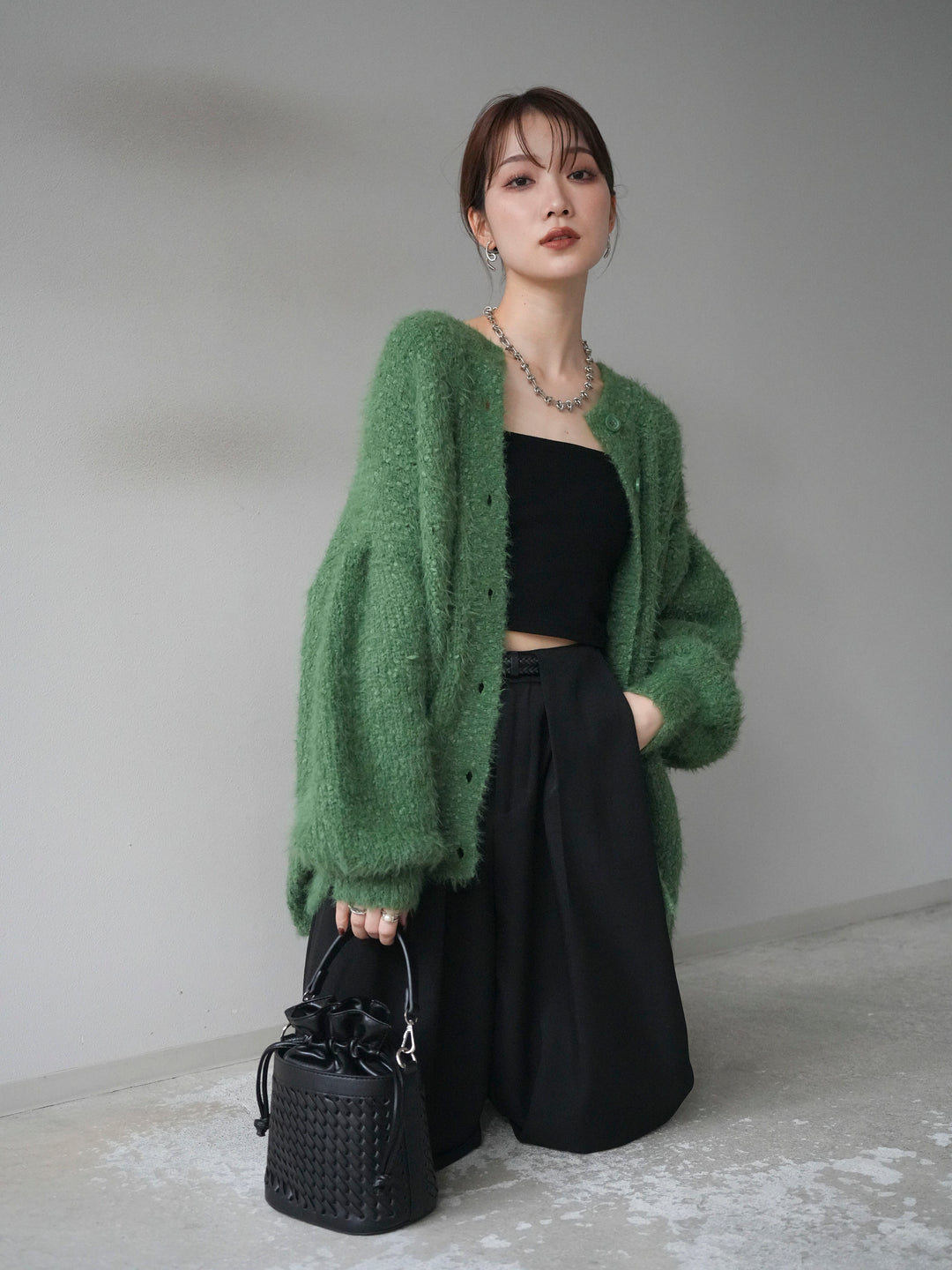 [SET]クルーネックランダムシャギーカーディガン+ベルトループデザインワイドパンツ(2set)