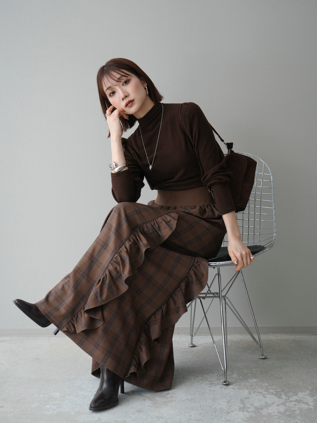 [予約]プチネックパワーショルダー起毛トップス/brown