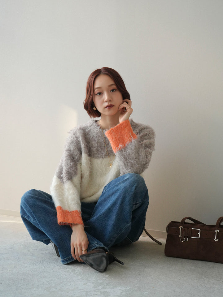 [SET]バイカラーモヘアタッチニットプルオーバー+裏起毛加工デニムカーブパンツ(2set)