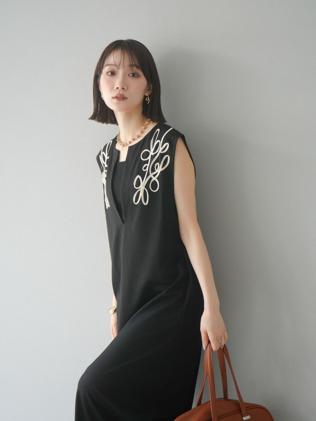 [予約]ライトポンチコード刺繍ワンピース/ブラック