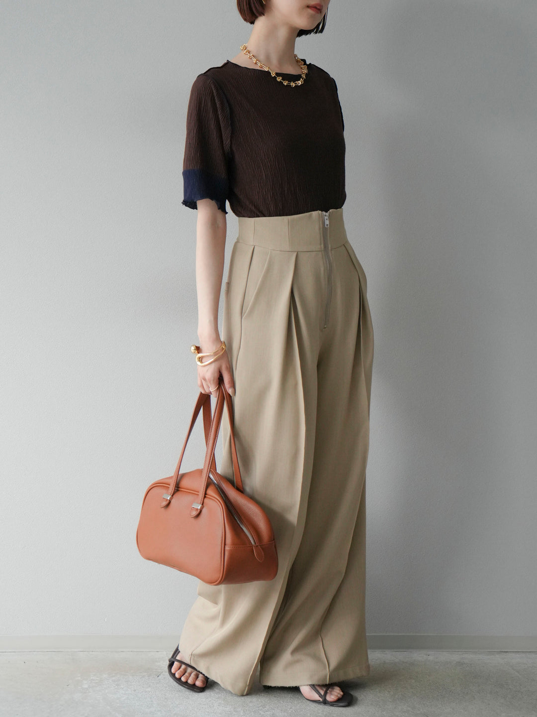 [SET] 百褶同色船領套頭衫 + 拉鍊褶襉寬褲 (2 套)