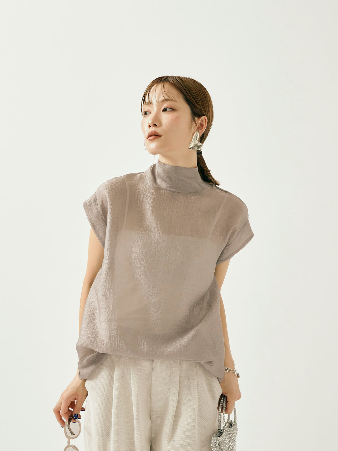 【Allure】[SET]シャイニーシアーブラウス+メッシュタックワイドパンツ(2set)