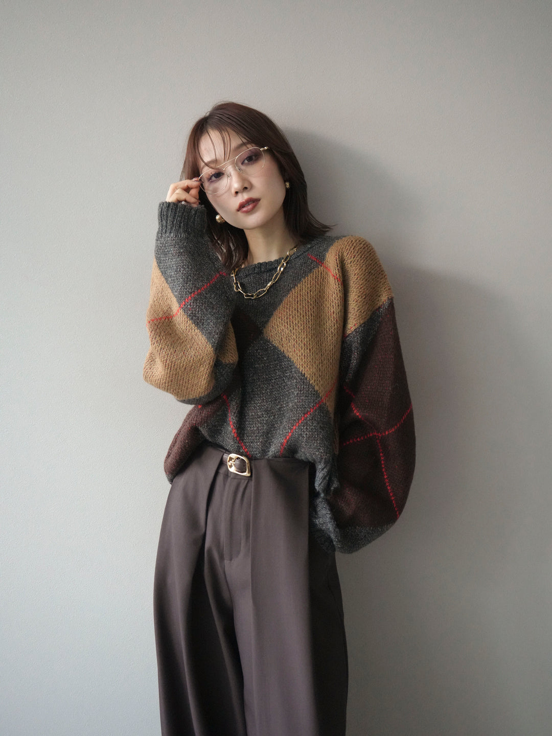 [予約]配色ステッチアーガイル柄ニットプルオーバー/charcoal