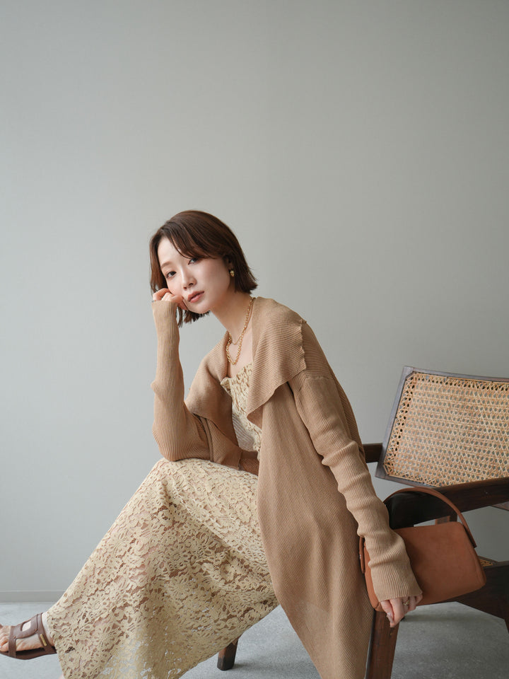 [SET]ドレープリブニットガウン+フルレースキャミ＆IラインスカートSET UP(2set)