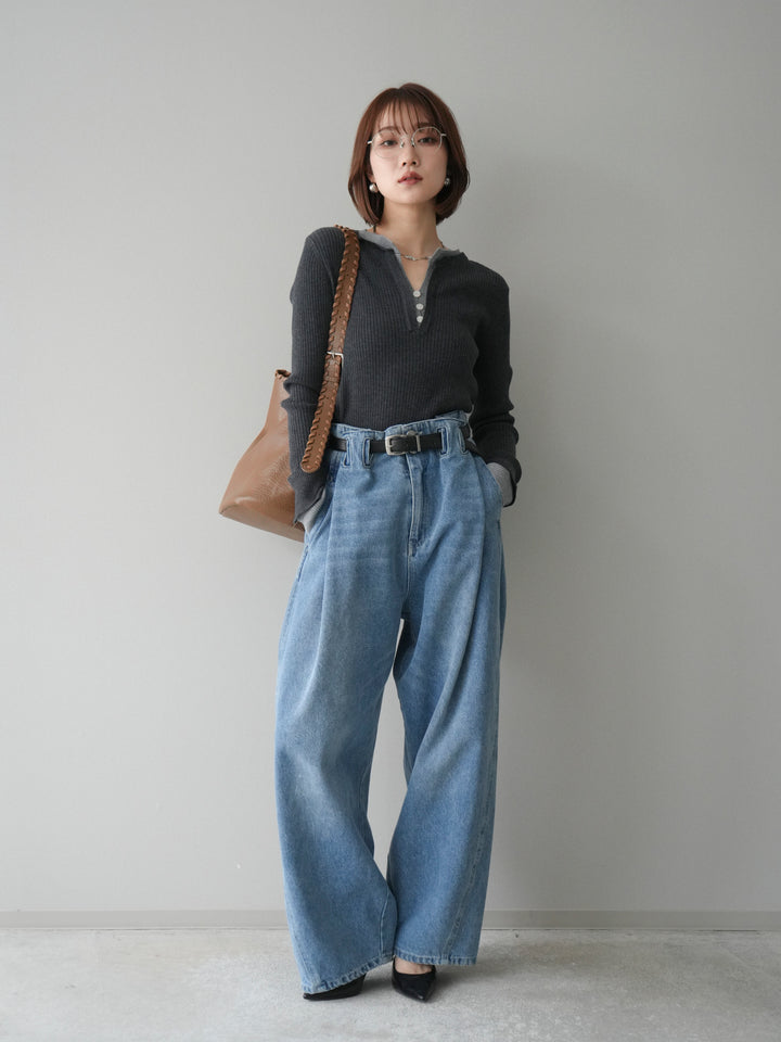 [SET]バイカラーキーネックリブニットトップス+ハイウエストベルトループデザインデニムパンツ(2set)