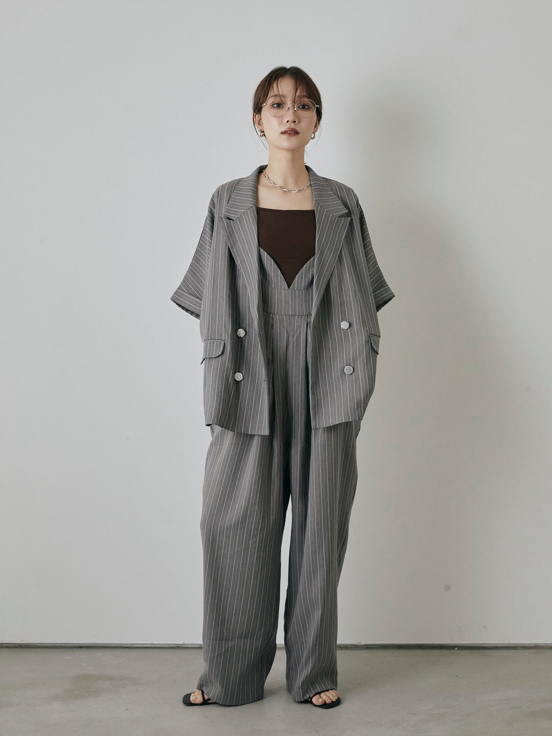 [予約]バックオーガンジーヘリンボーンストライプハーフジャケット/チャコール