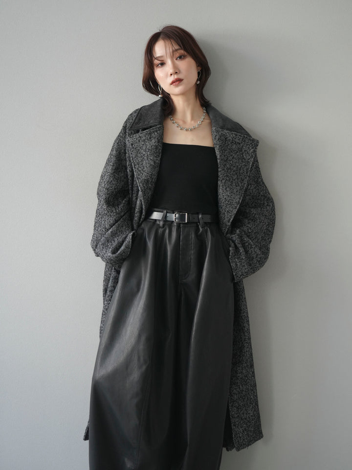 [予約]ネップヘリンボーンレザー襟チェスターコート/charcoal