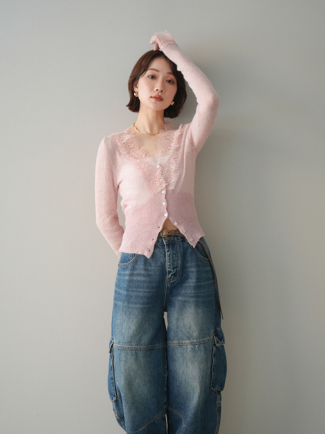 【預購】馬海毛觸感蕾絲針織開襟衫 / 粉紅色