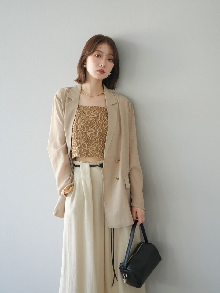 [SET] 金色扣環透視外套 + 滾邊花朵透視天鵝絨吊帶背心 + 繩紋腰帶麻感寬褲 (3 件套)