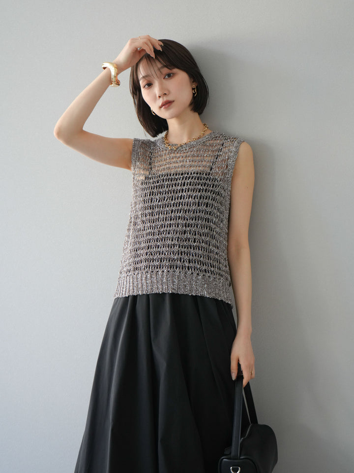 [預購] 混紗鏤空針織背心/棕色