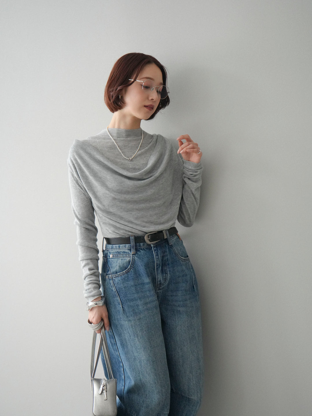 [予約]ボトルネックドレープレイヤードニットトップス/gray