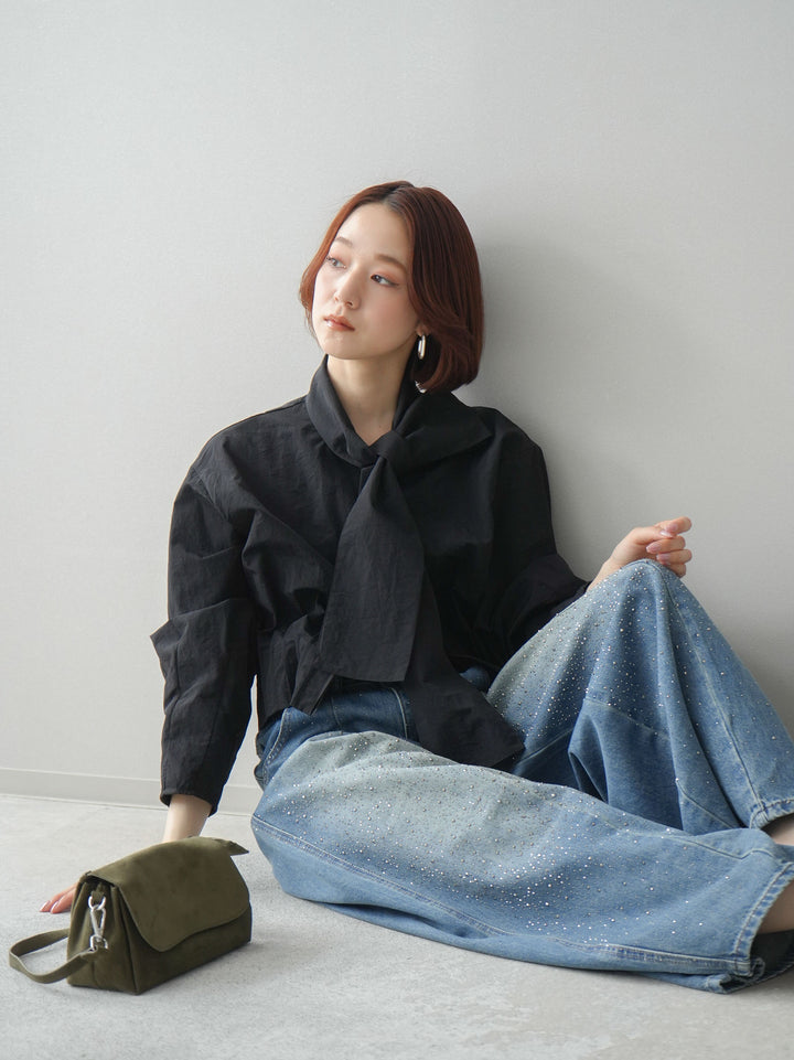 [SET]ボウタイ裾プリーツライトジャケット+フロントビジューカーブデニムパンツ(2set)