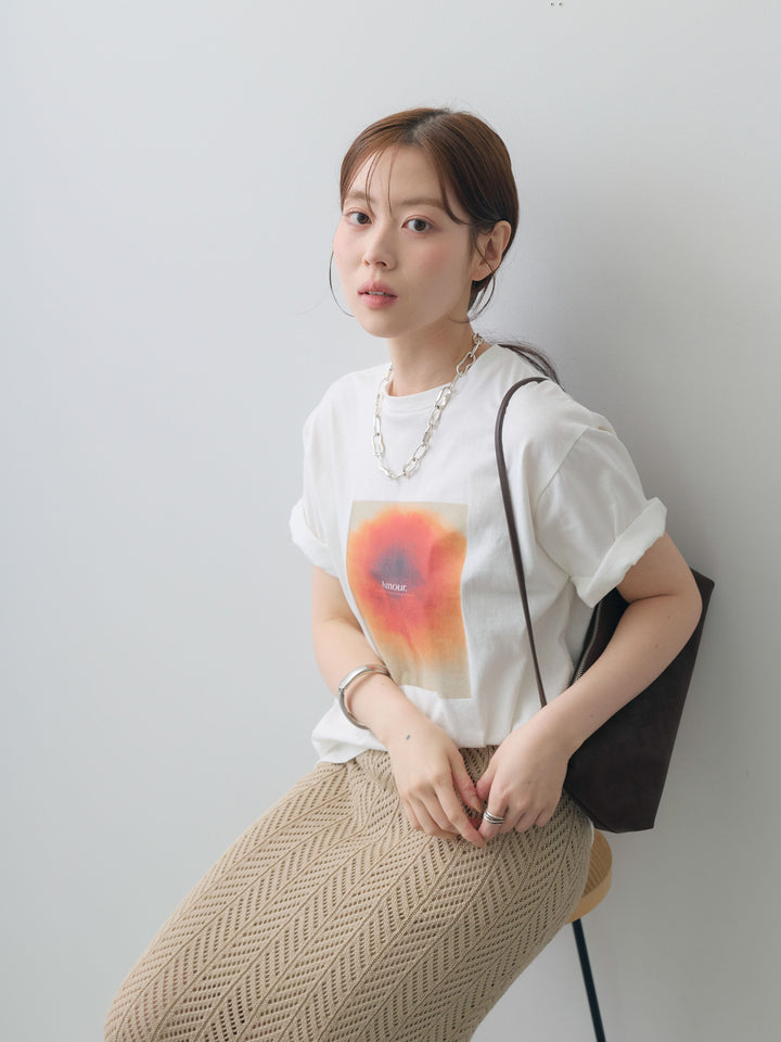 [SET]ニュアンスフローラルフォトTEE+クロシェシアーセミフレアスカート(2set)