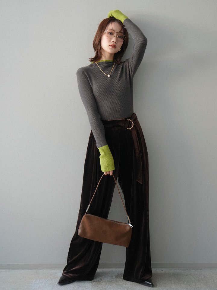 [SET]袖ボタンハイネック配色リブニットトップス+ベロアベルトスリムパンツ(2set)