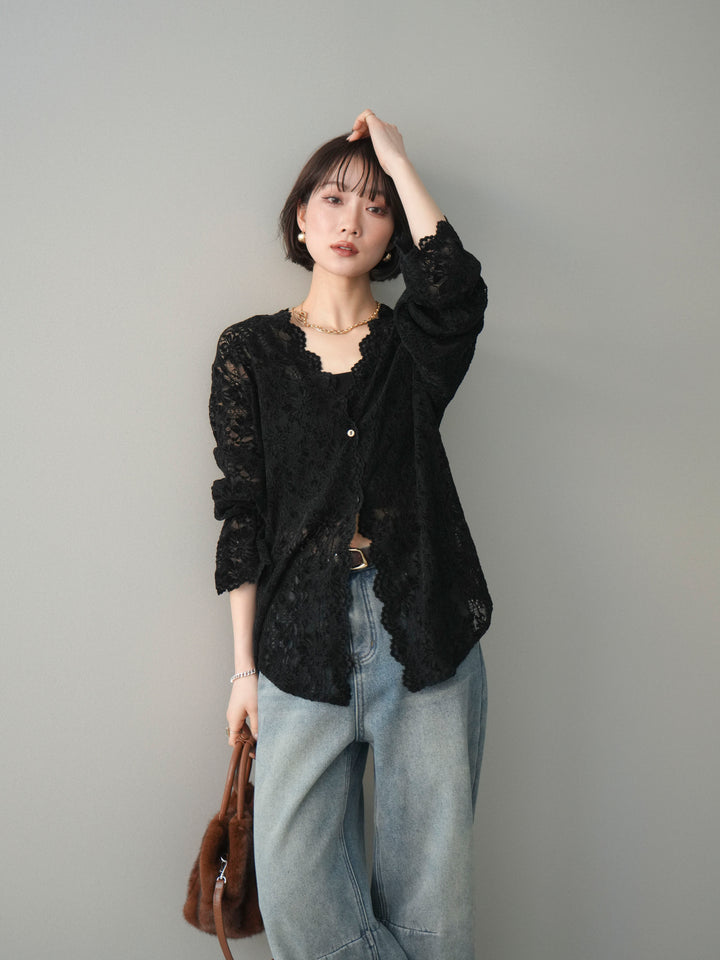 [SET]Vネックレースブラウス+裏起毛カットオフカーブデニムパンツ(2set)