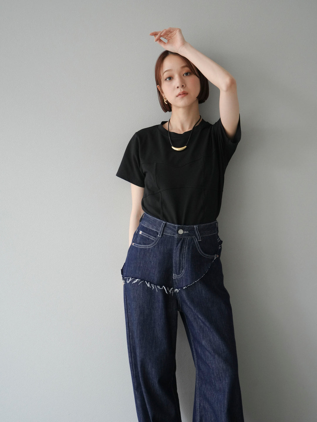 [SET]ビスチェデザインTシャツ+ヒップデザインデニムパンツ(2set)