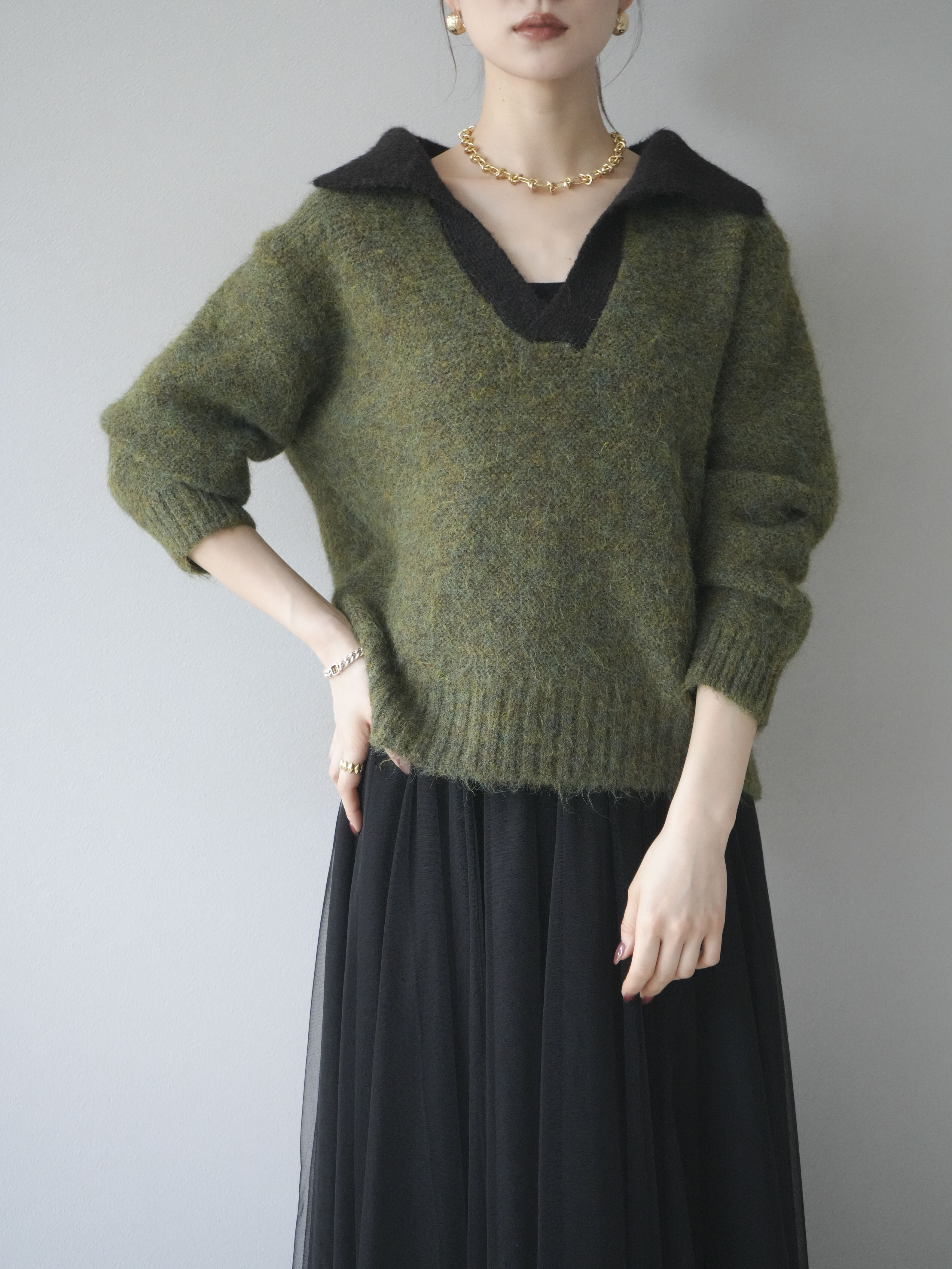 予約]バイカラー襟付きニットプルオーバー/green – Lumier