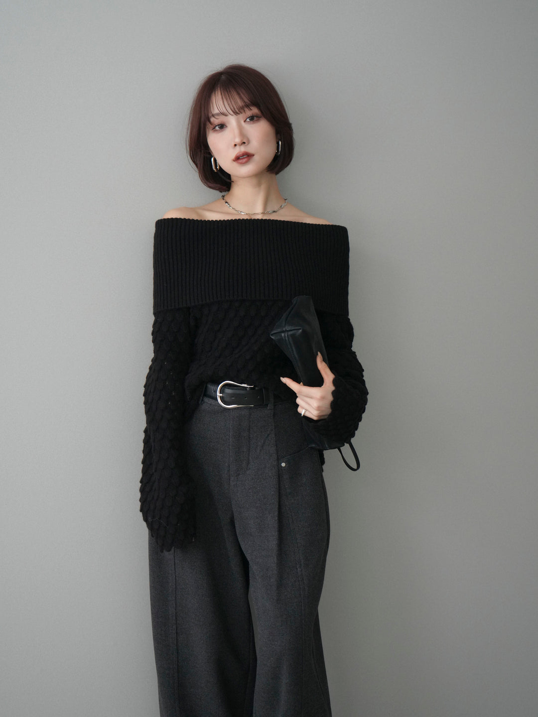 [SET]ポコポコ編みオフショルニットプルオーバー+ベルト付起毛コクーンパンツ(2set)