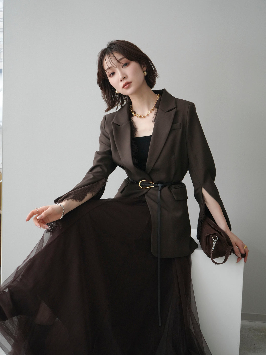 [SET]レースレイヤードスリットジャケット+チュールボリュームスカート(2set)