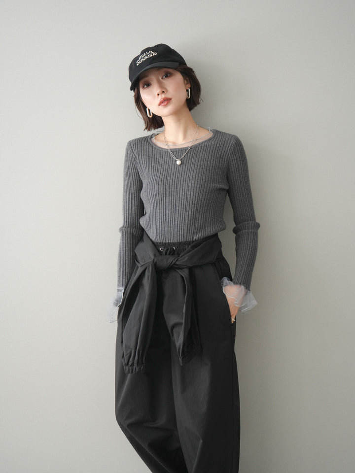 [予約]チュールレイヤードリブニットトップス/gray