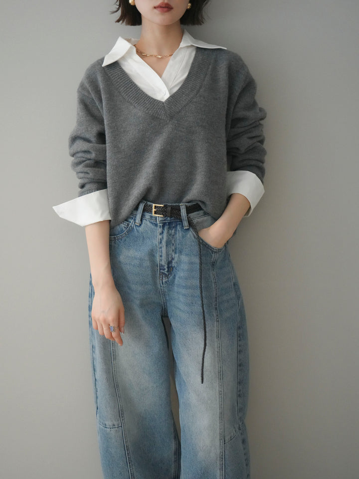 [予約]シャツドッキングVネックニットトップス/gray