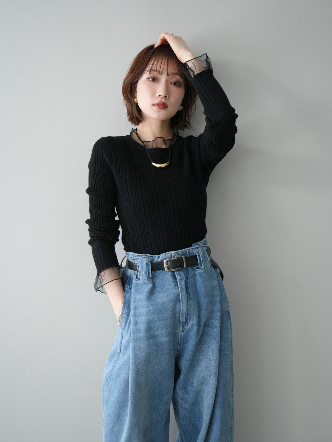 [SET]チュールドッキングリブニットトップス+ハイウエストベルトループデザインデニムパンツ(2set)