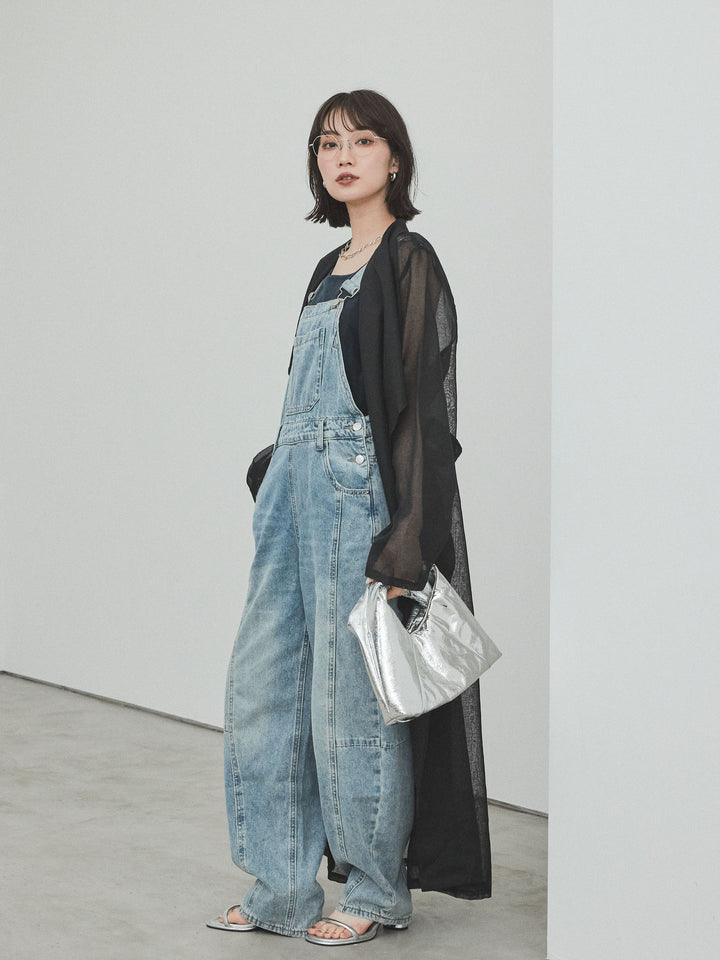 [SET] 中縫牛仔背帶褲 + 透視長版外套（2 件組）