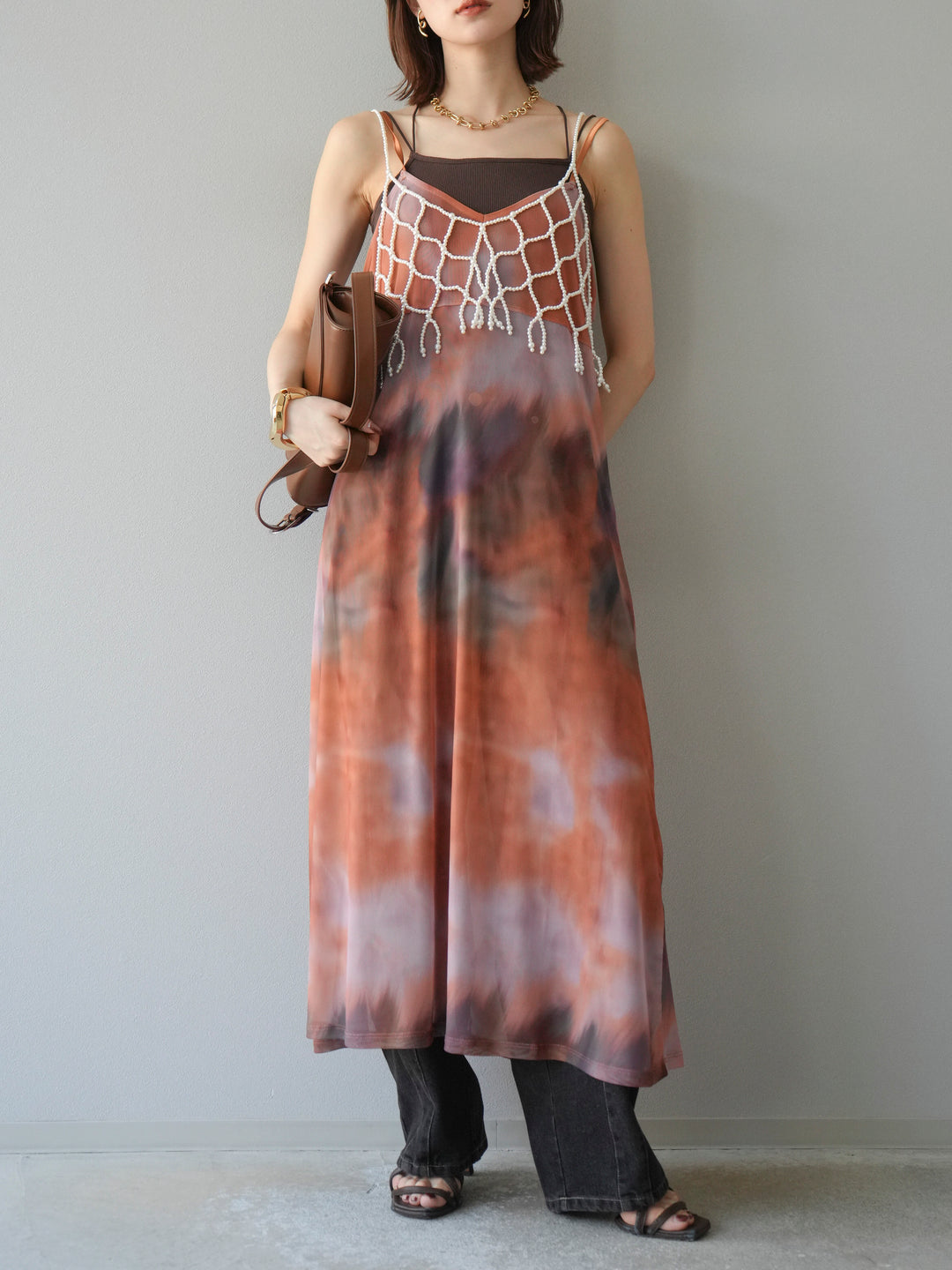 [予約タイダイ柄シアーキャミワンピース/オレンジ