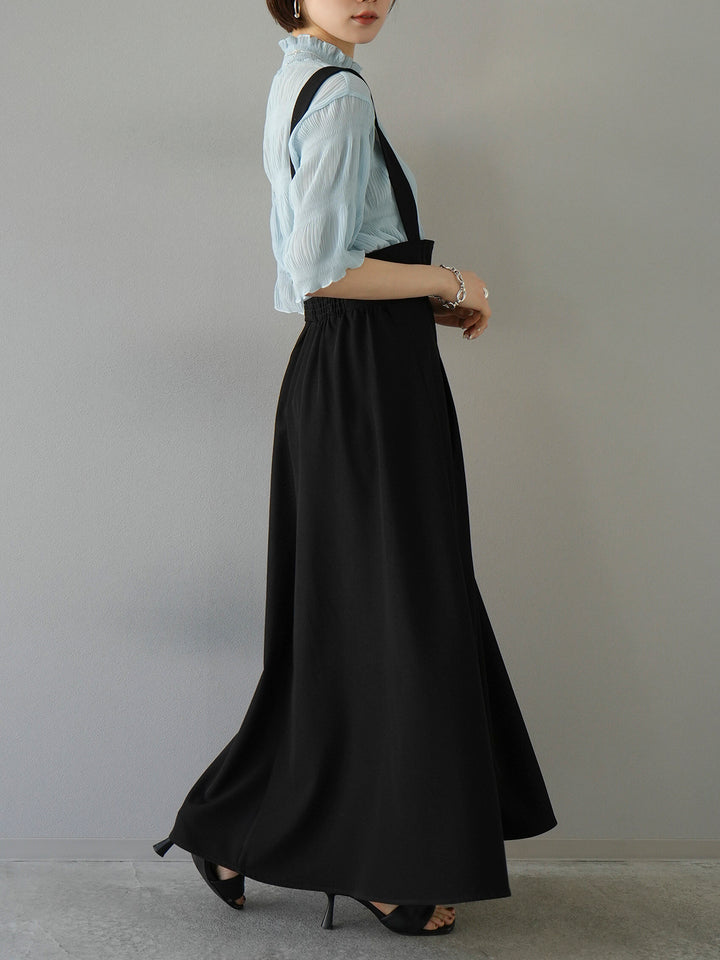 [SET] Shirring chiffon half sleeve blouse + 2WAY flare jumper skirt (2set)