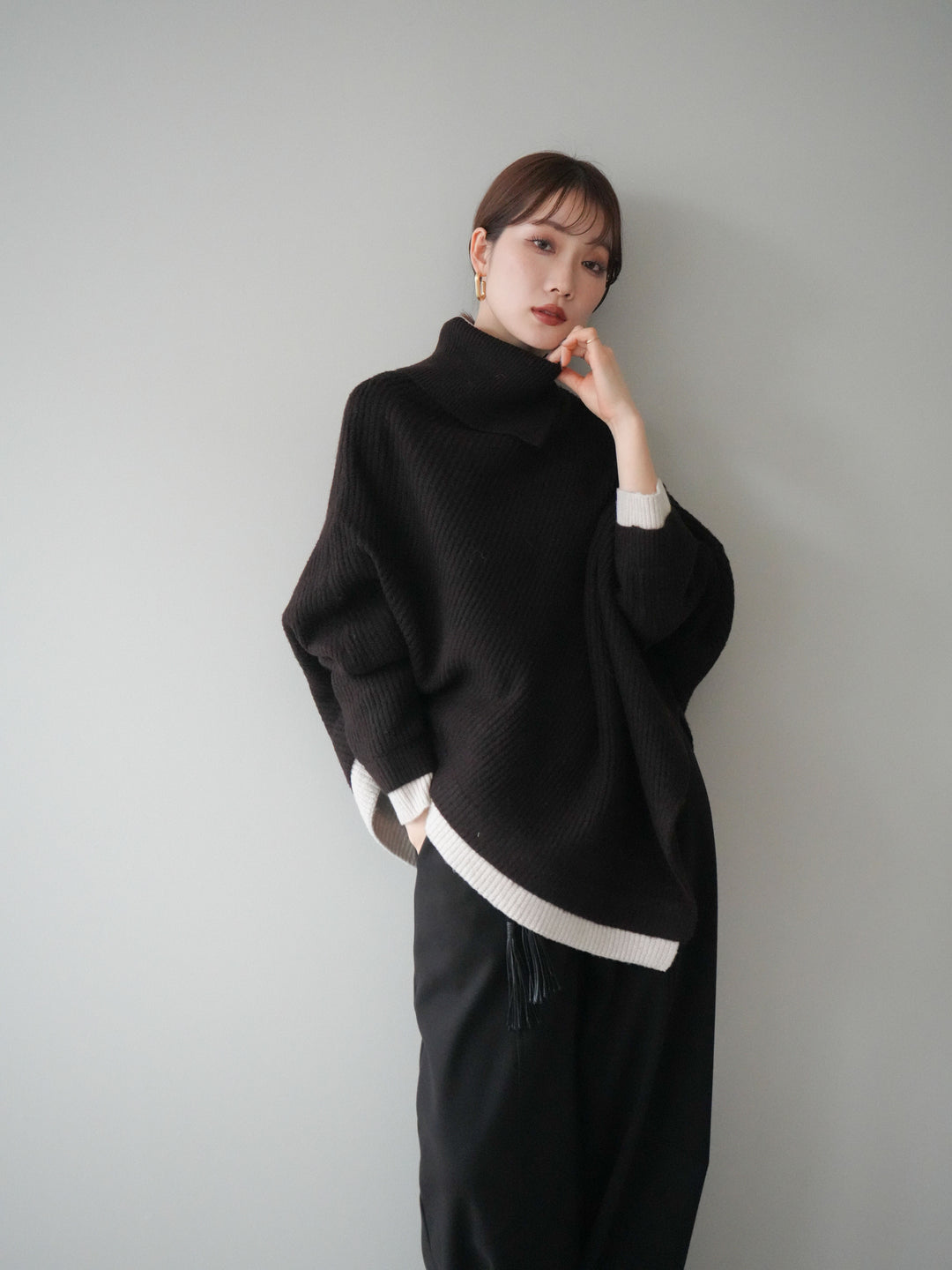 [予約]配色アシンメトリードルマンニットプルオーバー/brown