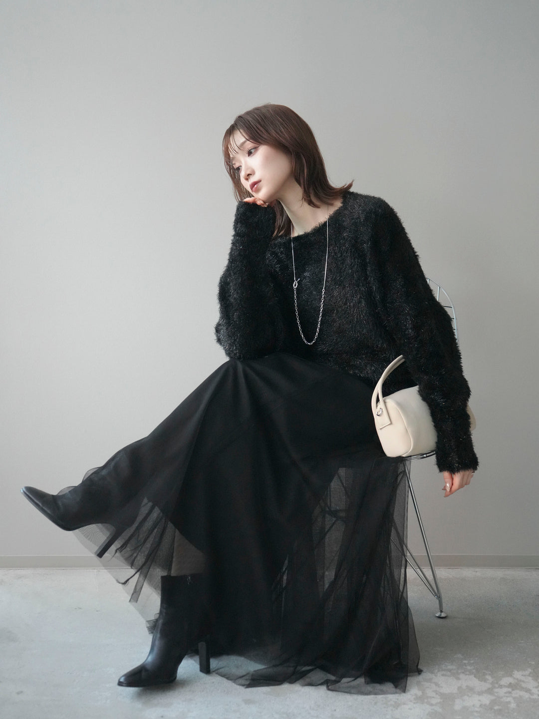 [予約]ラメシャギードルマンニットプルオーバー/black